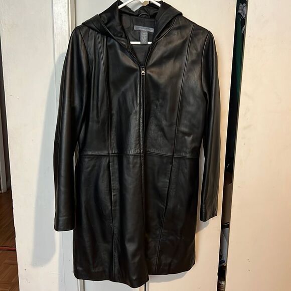 Hillard & Hanson Women's Black 100% Genuine Leather Zip Up Jacket Pockets Hood M - Picture 1 of 5